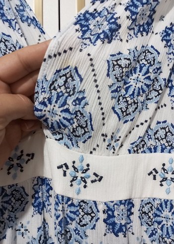 l Beden Mavi Beyaz V Yakalı Bohem Uzun Elbise
