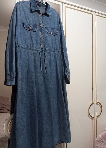 xxl Beden Düğmeli Uzun Denim Kadın Elbise