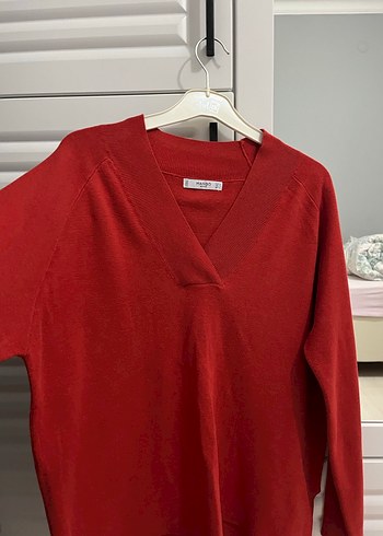 Kırmızı V Yaka Pamuklu Kadın Kazak - Görsel 3