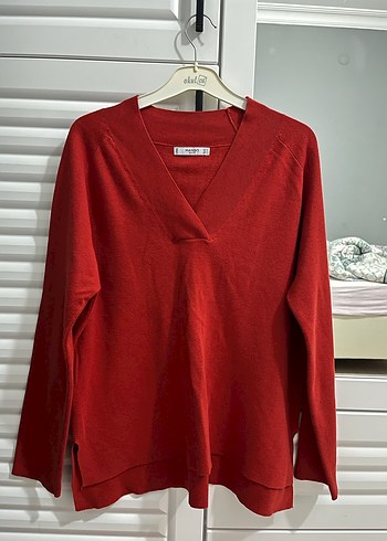 Kırmızı V Yaka Pamuklu Kadın Kazak - Görsel 4