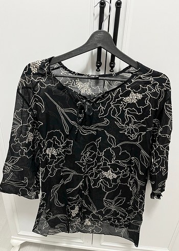 Siyah V Yaka Desenli Bohem Kadın Bluz - Görsel 3