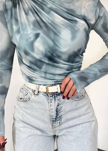 Mavi Batik Desenli Uzun Kollu Kadın Bluz