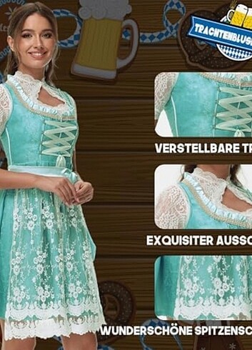 l Beden turkuaz Renk geleneksel elbise, 3 parça, bluz ve dantel önlük, Oktoberfest ve