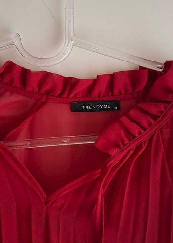 Kadın Kırmızı Pilili Uzun Kollu V Yaka Tunik - Görsel 2