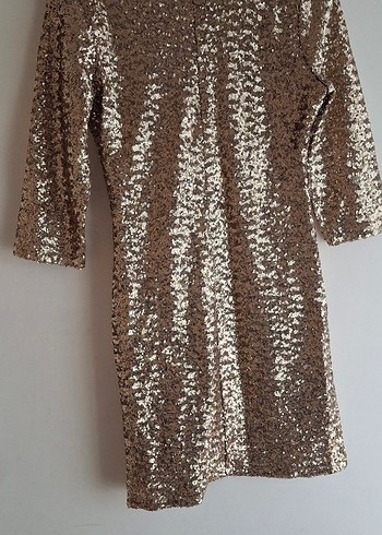 Altın Renkli Payetli V Yaka Midi Elbise - Görsel 3