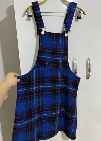 Mavi Kareli Kadın Kısa Salopet Elbise - Görsel 2