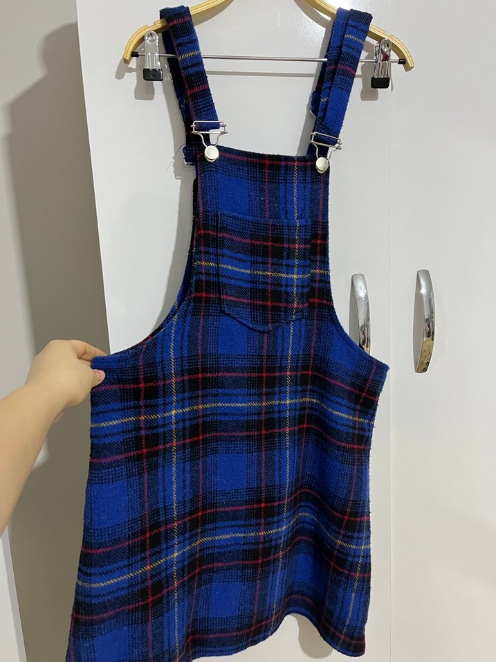 Mavi Kareli Kadın Kısa Salopet Elbise - Görsel 2