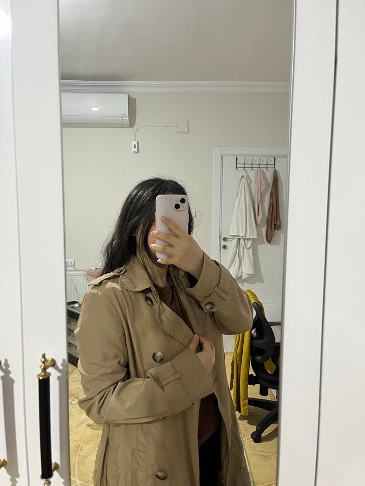 Bej Deri Kadın Trençkot Midi Boy - Görsel 2