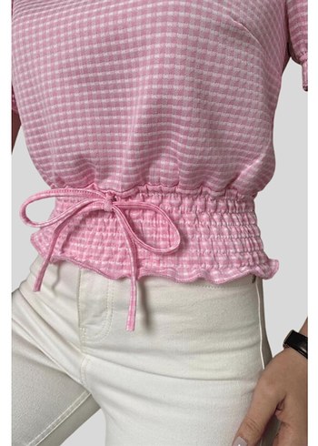 Büzgülü Kısa Kollu Pembe Bluz - Görsel 2