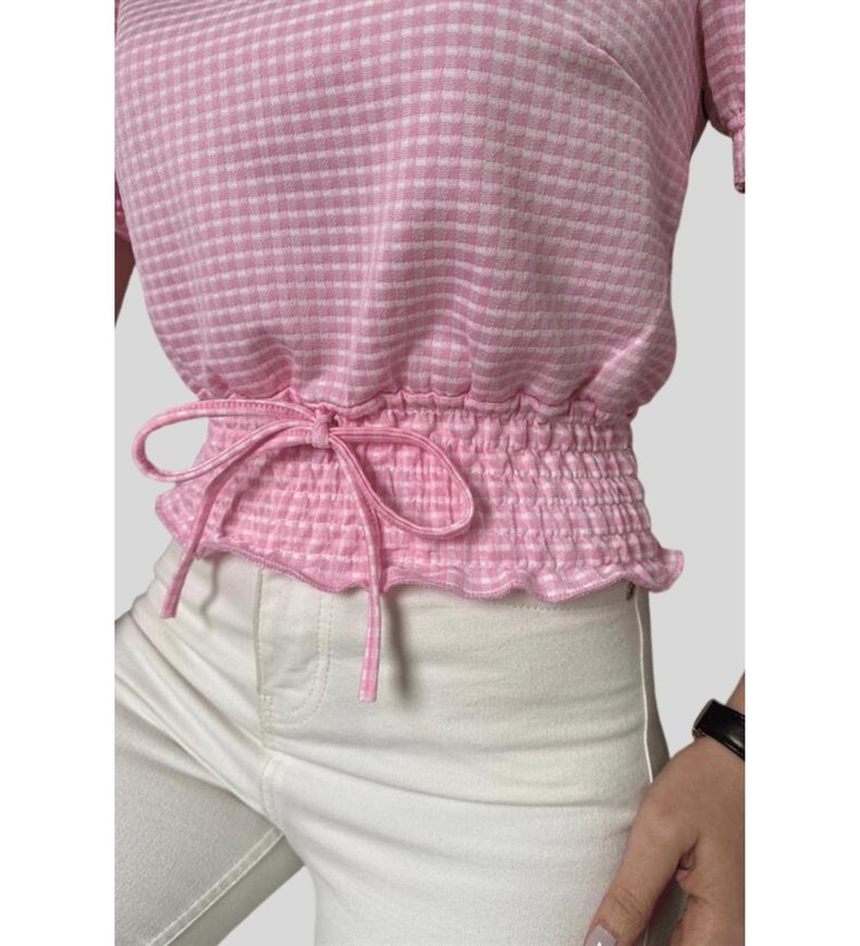 Büzgülü Kısa Kollu Pembe Bluz - Görsel 2