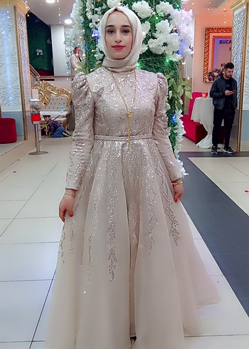 Bej İşlemeli Uzun Kollu Nişan Elbisesi - Görsel 6