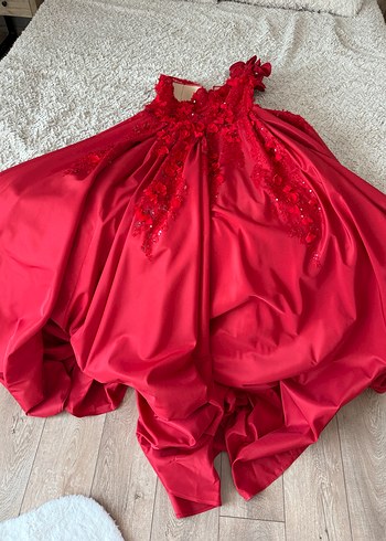 Parlak Kırmızı Drapeli Uzun Abiye Elbise - Görsel 4