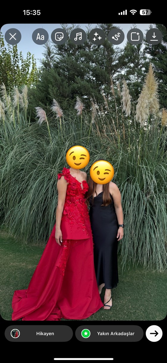 Parlak Kırmızı Drapeli Uzun Abiye Elbise - Görsel 2