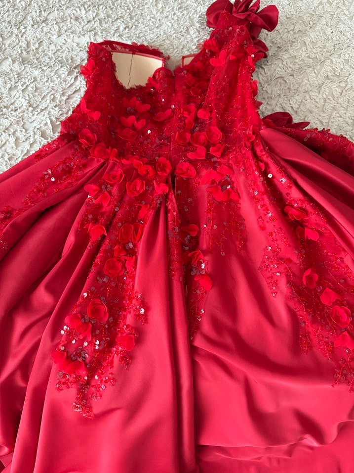 Parlak Kırmızı Drapeli Uzun Abiye Elbise - Görsel 5