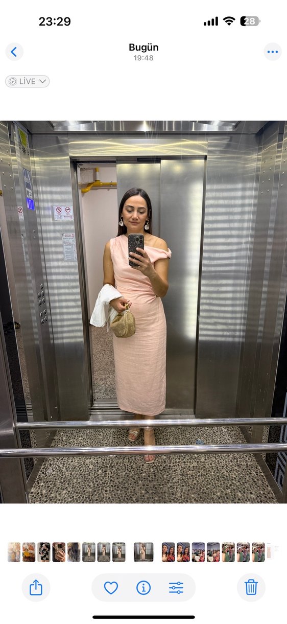 Bej Drapeli Uzun Straplez Kadın Elbise - Görsel 3