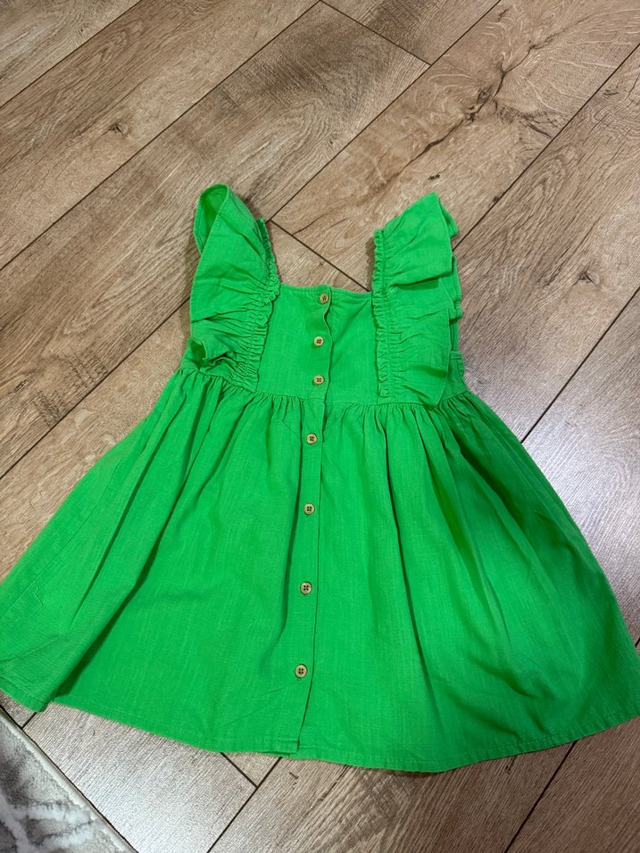 Kız Çocuk Yeşil Keten Fırfırlı Elbise - Görsel 3