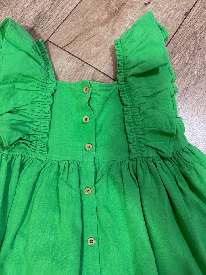 Kız Çocuk Yeşil Keten Fırfırlı Elbise - Görsel 2