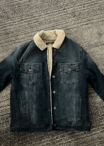 Gri Kürklü Uzun Denim Ceket mavi Jeans