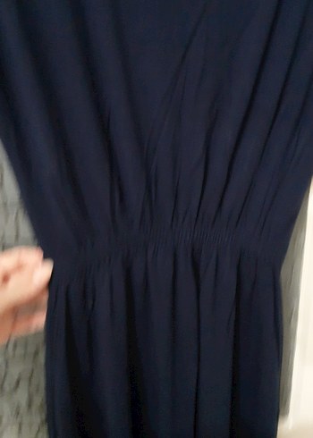 s Beden Lacivert Penye V Yakalı Kısa Kollu Uzun Elbise