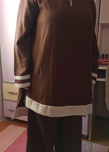 Kahverengi Uzun Keten Salaş Tunik - Görsel 8