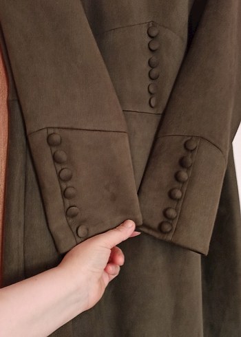 Düğmeli haki yeşili Süet Kadın Uzun elbise - Görsel 4