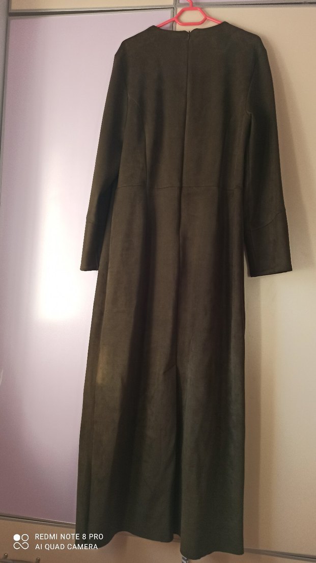 Düğmeli haki yeşili Süet Kadın Uzun elbise - Görsel 3