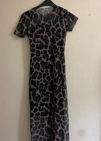 Kahverengi Leopar Desenli Uzun Elbise - Görsel 2