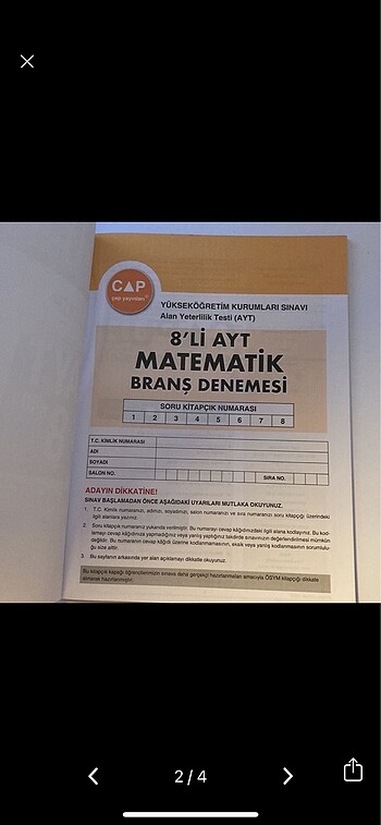Çap Yayınları Ayt Matematik Deneme