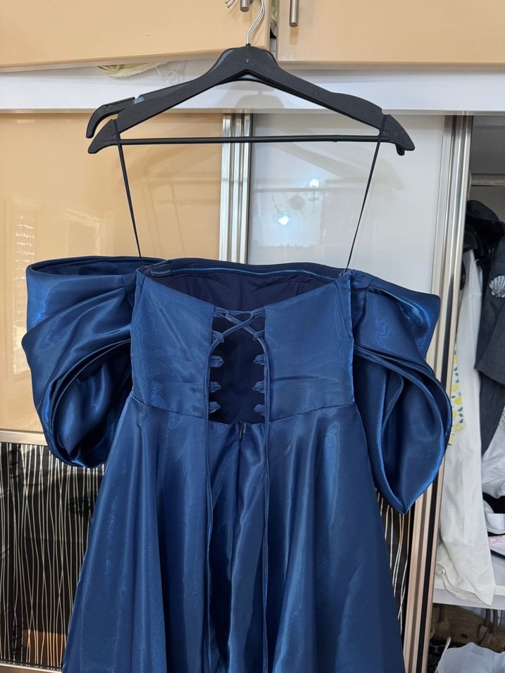 Uzun Drapeli Straplez Lacivert Abiye Elbise - Görsel 4