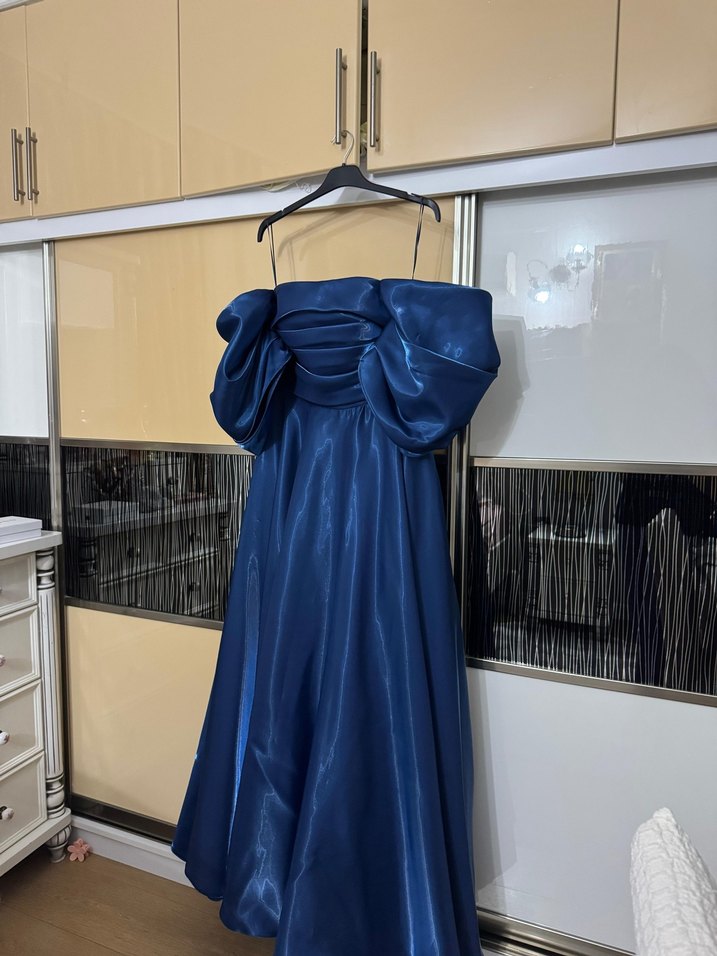 Uzun Drapeli Straplez Lacivert Abiye Elbise - Görsel 3