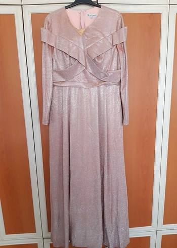 pudra Parlak Uzun Kollu Drapeli Kadın tesettür Abiye - Görsel 2