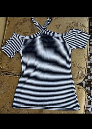 Düğmeli Çizgili Kadın Mini Bluz