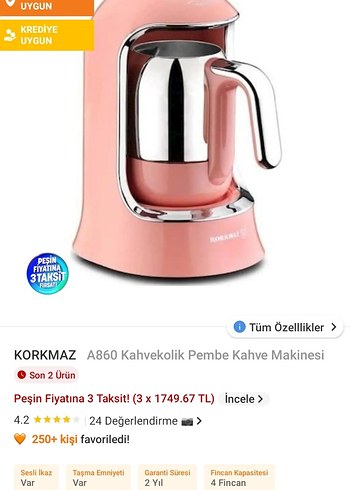 KORKMAZ A860 Pembe Kahve Makinesi 4 Fincan Kapasiteli