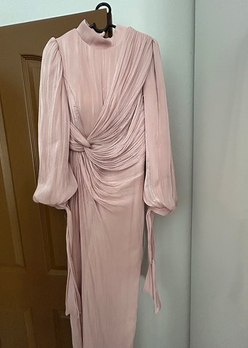 Pembe Drapeli Uzun Kadın Abiye Elbise