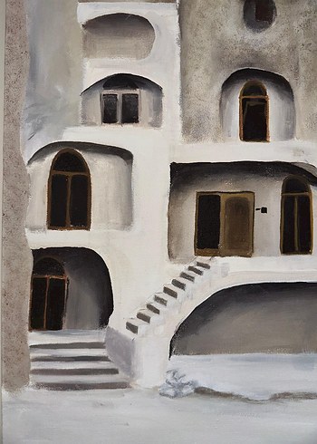 Diğer Beyaz ve Gri Renkli Mağara Evleri Tablosu 50x70 akrilik Boya