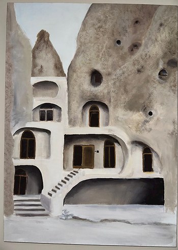 Beyaz ve Gri Renkli Mağara Evleri Tablosu 50x70 akrilik Boya