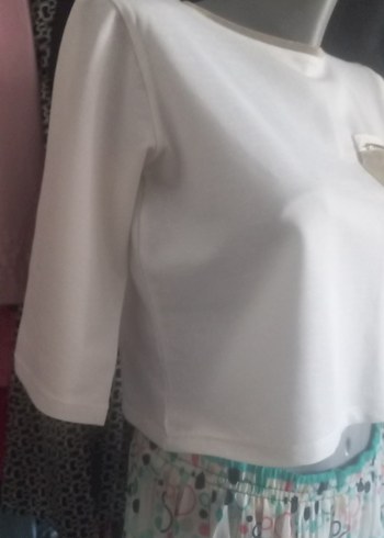 s Beden fakir Kollu Beyaz Baskılı Crop Bluz