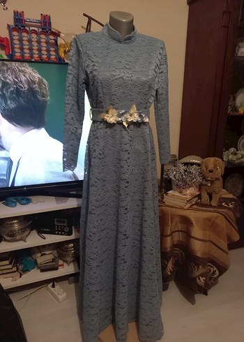 Uzun Kollu Gri Vintage Bohem Elbise