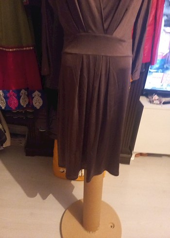 PARK BRAVO Drapeli V Yakalı Kahverengi Uzun Kollu Elbise - Görsel 3