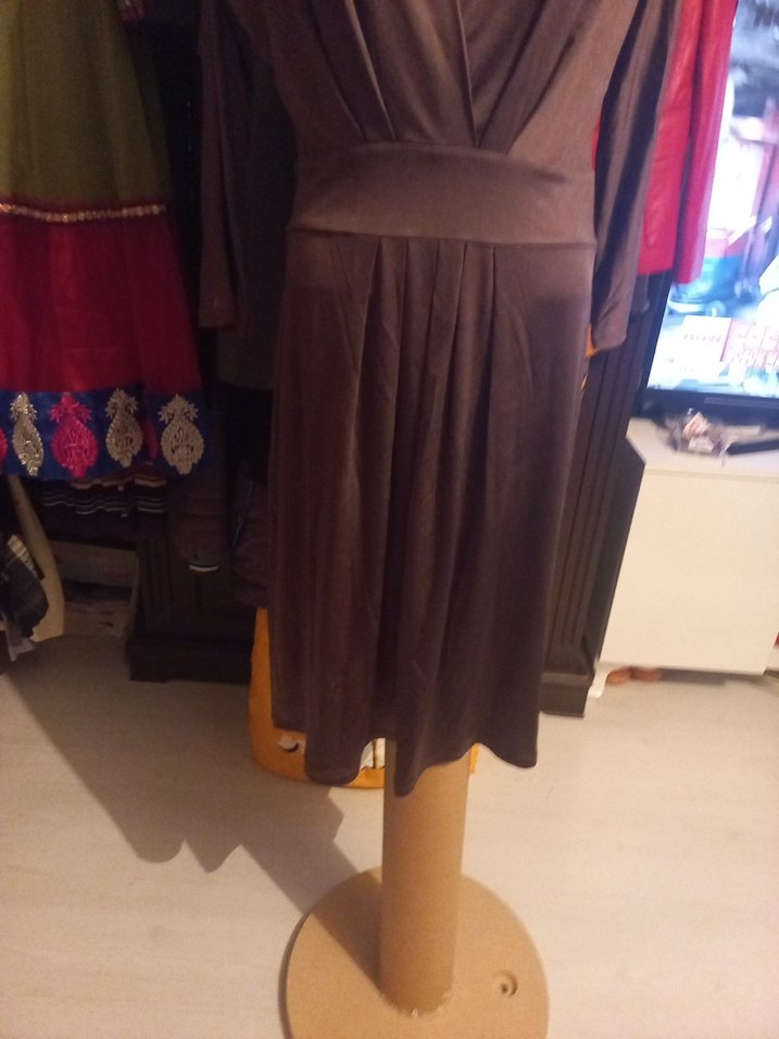 PARK BRAVO Drapeli V Yakalı Kahverengi Uzun Kollu Elbise - Görsel 3