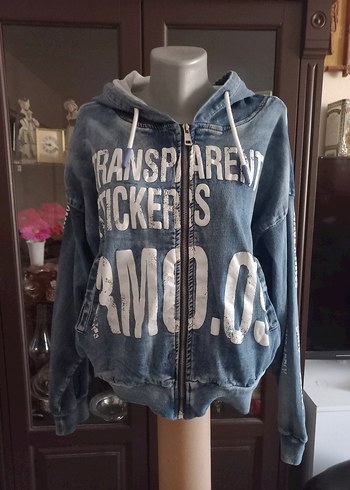Kapüşonlu Baskılı Gri Mavi Ceket