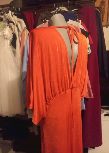 VİNTAG  Turuncu V Yaka Uzun Salaş Kadın Elbise - Görsel 8