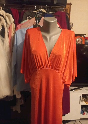 VİNTAG  Turuncu V Yaka Uzun Salaş Kadın Elbise - Görsel 5