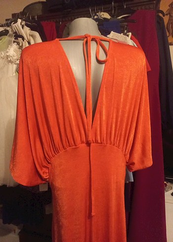 VİNTAG  Turuncu V Yaka Uzun Salaş Kadın Elbise - Görsel 3