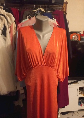 VİNTAG  Turuncu V Yaka Uzun Salaş Kadın Elbise - Görsel 2