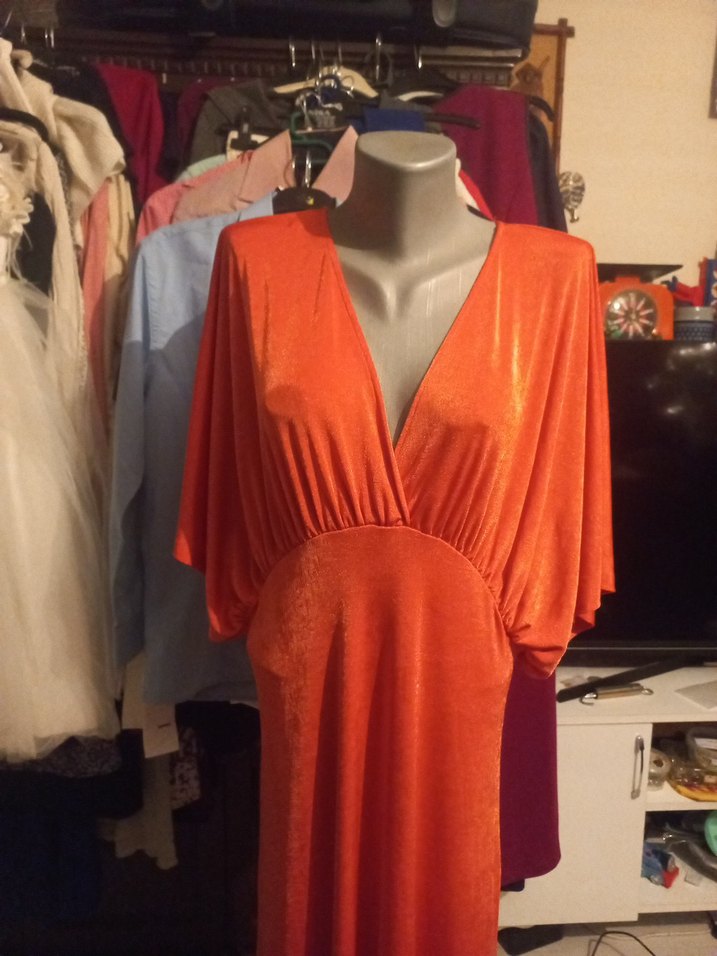 VİNTAG  Turuncu V Yaka Uzun Salaş Kadın Elbise - Görsel 5