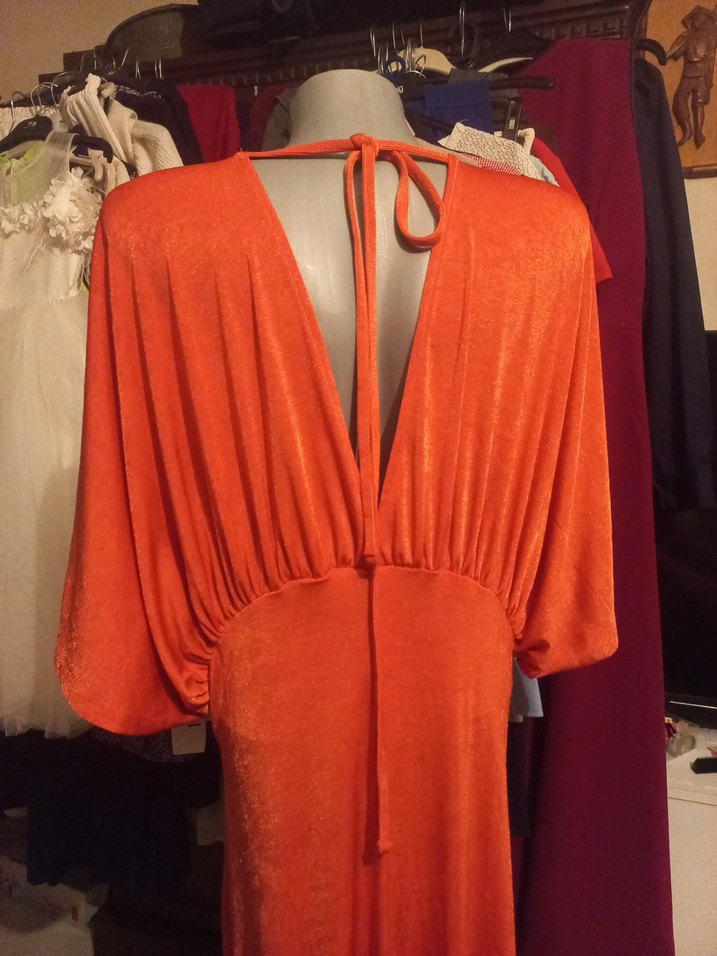 VİNTAG  Turuncu V Yaka Uzun Salaş Kadın Elbise - Görsel 3