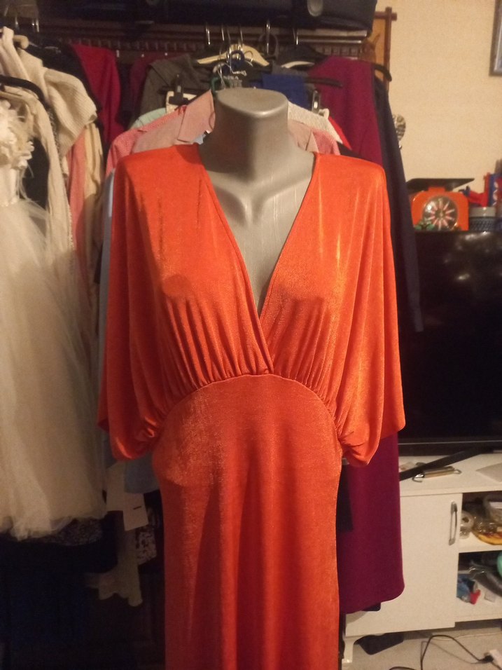 VİNTAG  Turuncu V Yaka Uzun Salaş Kadın Elbise - Görsel 2