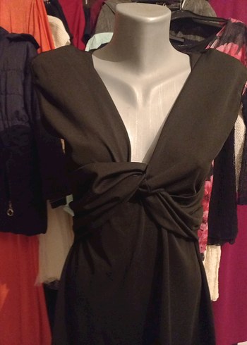 VİNTAG Siyah Drapeli V Yaka Midi Elbise - Görsel 2