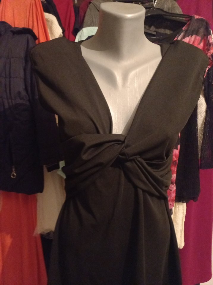 VİNTAG Siyah Drapeli V Yaka Midi Elbise - Görsel 2